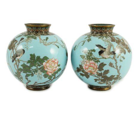A pair of Japanese silver and copper wire cloisonné enamel vases, Meiji period, each of globular form, decorated with a bird 