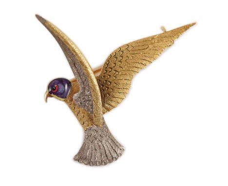 An early 20th century two colour 18ct gold, 15ct gold and enamel set brooch, modelled as a bird of prey, width 38mm, gross we