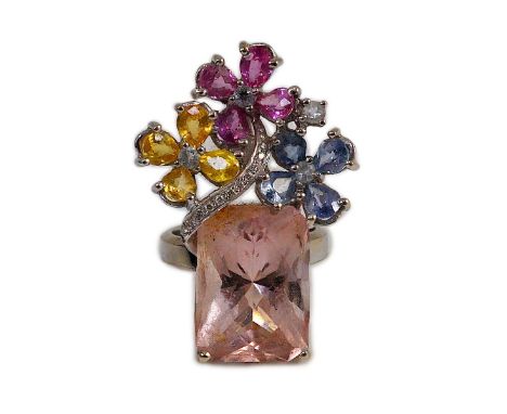 A large modern 14k white gold, morganite, four colour sapphire (including colourless) and diamond chip set triple flower head