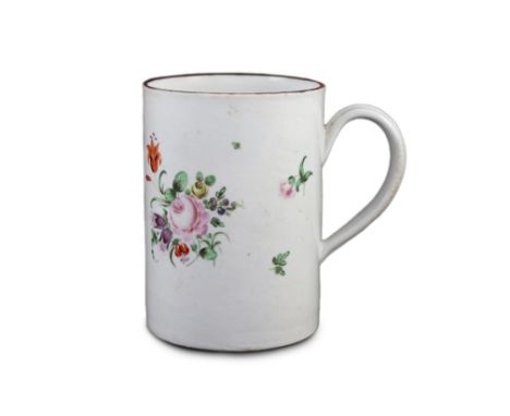 A large Bristol porcelain mug, c.1770-5, painted with floral sprays, blue mark ‘X 6.’, 14cm high**CONDITION REPORT**Some wear