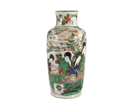 A Chinese famille verte ‘Four Beauties’ vase, Kangxi period, the four ladies seated at a table with objects in a pavilion gar