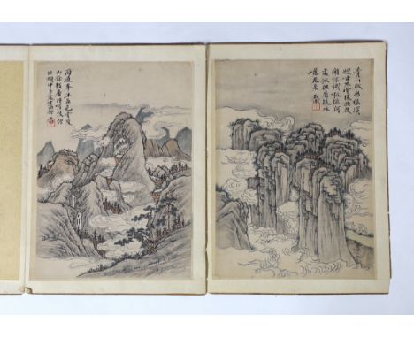 Two Chinese painted album leaves, 19th century, depicting mountainous landscapes, each inscribed and with a seal mark, Each I