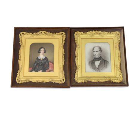 Mid 19th Century English School Miniature family portraitswatercolour on white marbleA gentleman and two ladies, with a photo