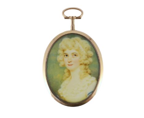 Edward Miles (1752-1828) Miniature portrait of a ladywatercolour on ivorygold framed with hair back, Ivory submission referen