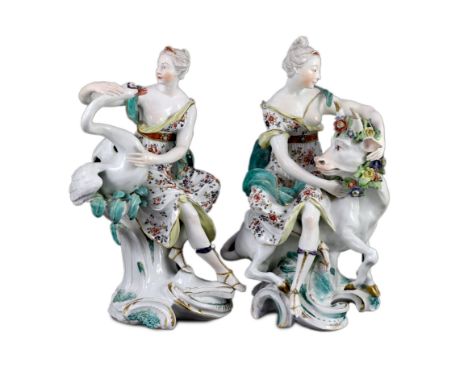 A rare pair of Derby figures of Leda and the Swan and Europa and the Bull, c.1765, patch marks, 26.5cm and 27.5cm high, resto