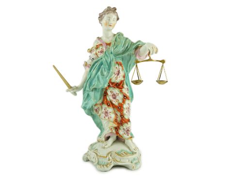 A large Derby figure of Justice, c.1775, standing and holding a sword in her right hand and scales in her left, patch marks, 