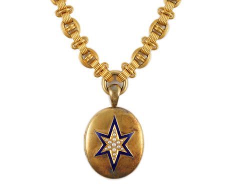 A Victorian gold, enamel and seed pearl set oval locket, on a 19th century Vienna 580/1000 gold chain, locket 56mm, chain 42c