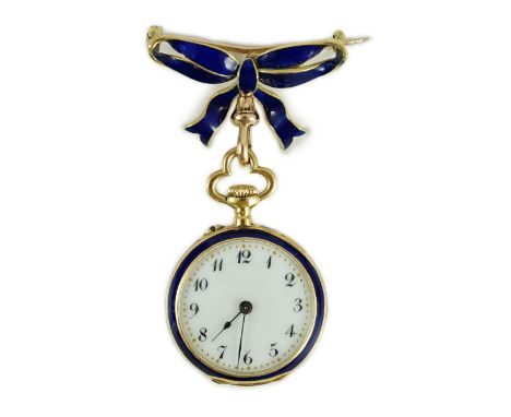 An early 20th century continental gold, diamond chip and blue enamel set open faced fob watch, on a gold and blue enamel set 