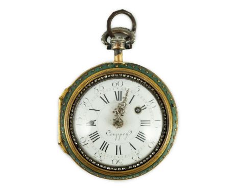 A late 18th century Louis XVI gold, shagreen, enamel and rose cut diamond set pair cased key wind pocket watch by Jean André 