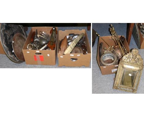 A quantity of assorted metalware; fire tools; silver plated items; a three bottle tantalus (lacking key); various tribal carv