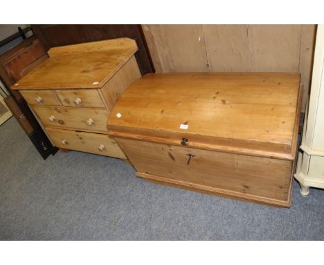A pine three height chest of drawers and a pine domed trunk 
