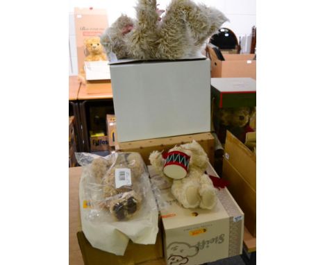 Harrods 2005 limited edition teddy bear wearing red cashmere jumper, boxed; small Steiff white mohair jointed wearing millenn