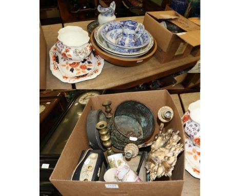 A group of ceramics, metal ware and other items to include: a cast gilt metal twin light wall sconce of rococo design with mi