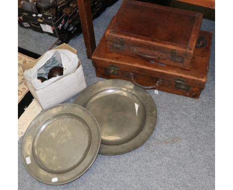 Two large pewter chargers, 18th century, one with touch mark; together with a set of four vintage bowls and a jack; with two 