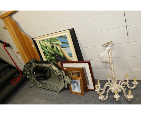 An Art Deco mirror; a floral ceramic lamp; a pine head board; a quantity of pictures and a carved wall plaque of Madonna and 