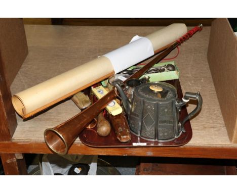 Miscellaneous items including a leather cased pocket knife, a hunting and coaching horn, silver and plated wares, golfing fig