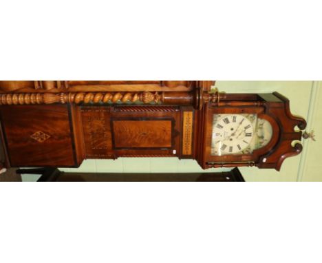 A mahogany longcase clock, the painted arch dial indistinctly signed R***, Brecon