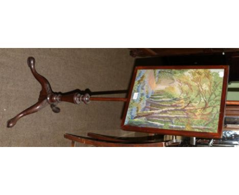 A mahogany tripod pole screen, later tapestry panel