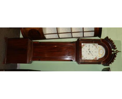 A mahogany eight day longcase clock, signed Scurr, Thirsk, circa 1800, broken arch pediment, arched trunk door flanked by inl