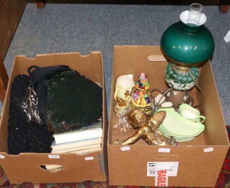 Assorted items to include children's books; The Lakes signed copy by W Heaton Cooper; ladies gowns; an oil lamp and assorted 