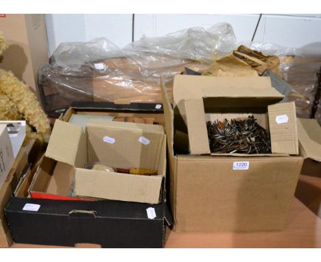 A group of restoration items including wood veneers, pewter, tools, mica etc 
