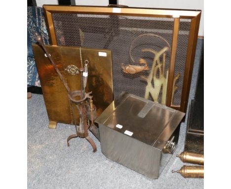An Art Deco style coal box, a brass fire screen, a fender decorated with fish and various fire tools