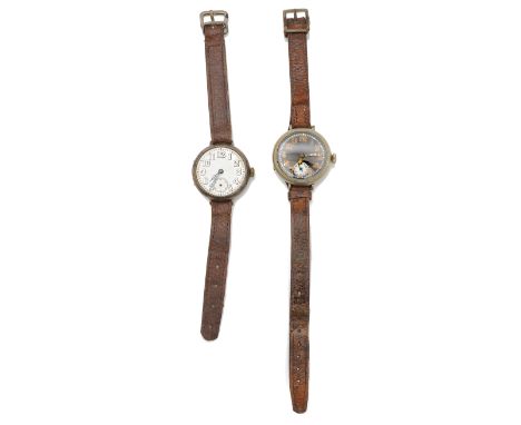 Two W.W.I Gentleman's Trench style wristwatchesfirst silver cased having white enamel dial with Arabic numerals, minute track