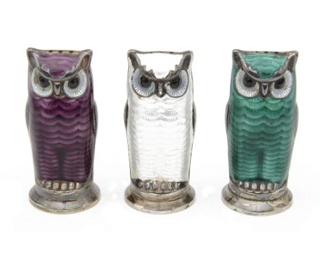 Three mid 20th century David Andersen Norwegian silver-gilt and guilloche enamel novelty owl pepper potsmarked D-A Norway Ste