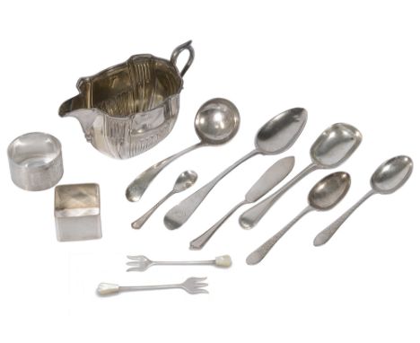 An Edwardian silver milk jug and and a small selection of silverfirst Sheffield, 1903 by Harrison Brothers, of oblong half fl