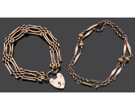 A 9ct gold four bar gate bracelet with a safety chain together with a fancy link necklace with sphere and and twisted  (2)tot