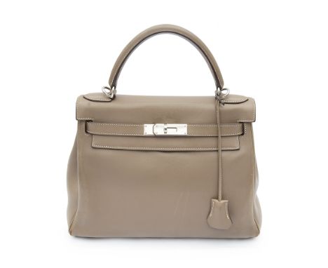 An Hermes Kelly 28 Retourne taupe colour Veau Swift leather bag2008with leather carrying handle, with silver tone palladium f