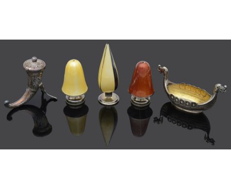 A pair of Norwegian David Andersen silver-gilt and guilloche enamel novelty toadstool salts and other cruet itemsfirst marked