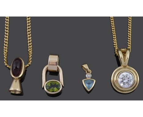 A collection of four Continental gem set modernist style pendantscomprising cabochon amethyst pendant, tests gold on .375 gol