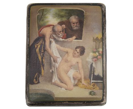 An early 20th century continental silver and enamel erotic cigarette caseprobably Austrian. stamped .900of rectangular form, 