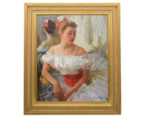 Youri Krotov (Russian, b.1964)'Portrait of a dancer', oil on canvas, signed lower right and inscribed in charcoal on reverse,