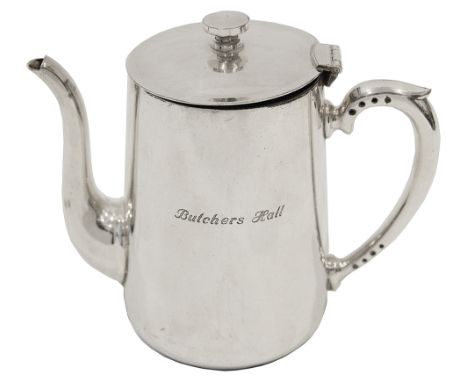 A group of silver plated items from Butcher's Hallcomprising three coffee pots of tapering cylindrical form with scrolling ha