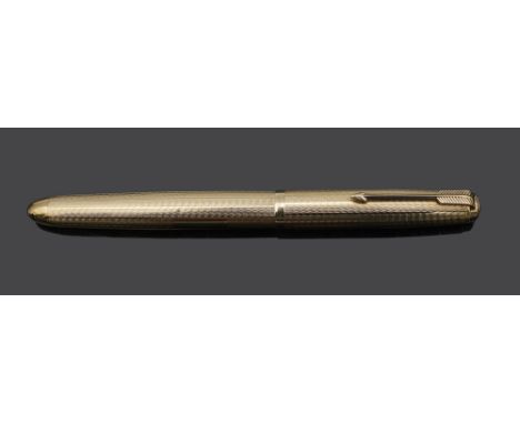 A 9ct gold Parker fountain penwith engine turned decoration, stamped 375approx. 14cm in lengthCondition: Pen is overall in fa