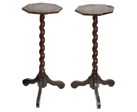 A pair of William and Mary burr walnut, oak and parquetry candlestands the octagonal fruitwood and rosewood starburst parquet