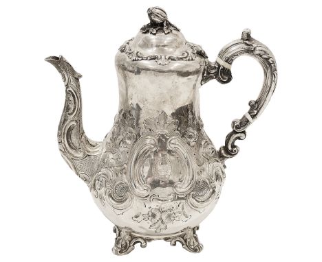 An early Victorian silver coffee potLondon, 1848 by Robert Hennell IIIof baluster form, embossed with c scrolls and flowers, 