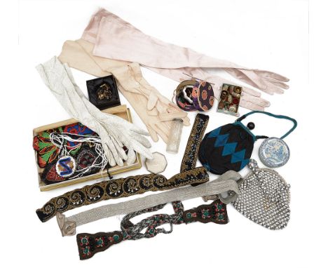 A large collection of 1920's flapper's beaded trimmings and related itemscomprising a grosgrain pleated silk bag, two embroid