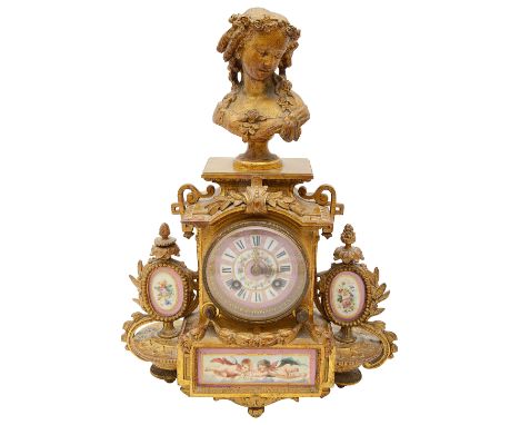 A late 19th century French Louis XVI style ormolu and Svres-style porcelain mounted mantle clock,of Neoclassical form, the ca