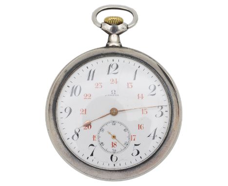 A silver Omega 24 hour pocket watch the white enamel dial with black Arabic hour numerals and red twenty four hour numerals, 