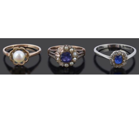 A Victorian sapphire and pearl cluster ring and two other ringssapphire and pearl ring tests gold, marks rubbed a.f., rose di