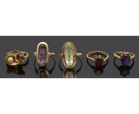 Five gem set gold rings comprising a pearl and amethyst ring in a plain scroll crossover setting, stamped 585, an amethyst ri