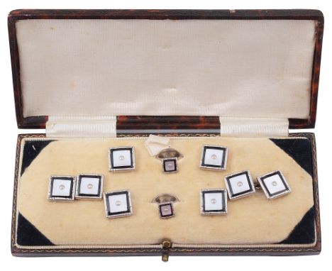 A set of Art Deco mother of pearl Gentleman's cufflinks and dress studseach of square design with central seed pearl and blac