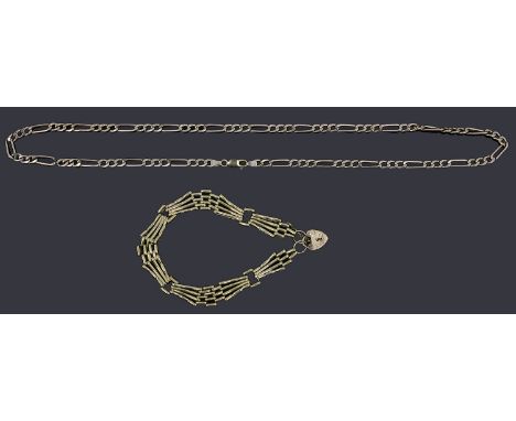 A 9ct gold three row gate link bracelet with padlocktogether with a 9ct gold figaro chain (2)total weight approx: 15.1gCondit