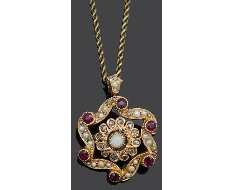 A Edwardian style opal, rose diamond and ruby scroll pendant broochwith central opal and rose diamond cluster and seed pearl 