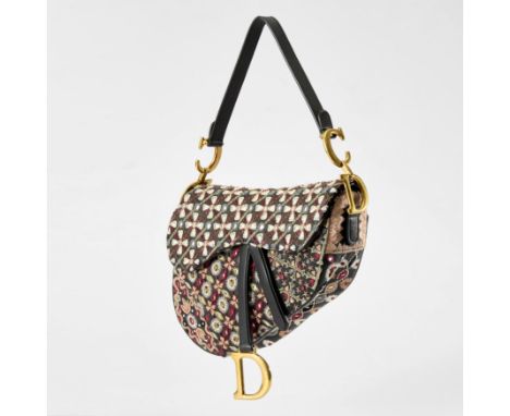 Dior. Saddle Bag, of black leather and embroidered with pink, burgundy, white and olive green threads, initial 'Christian Dio