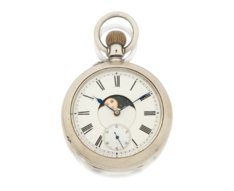 Swiss. A silver dual dial open face pocket watch with calendar and phases of the moon indication Circa 1900 Keyless Swiss lev
