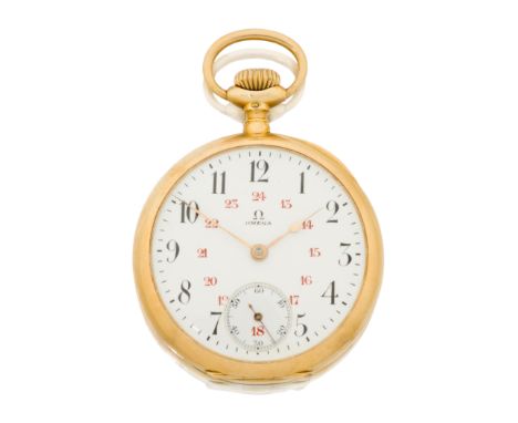 Omega. A yellow gold keyless wind open face pocket watch with red 24 hour indication Case No. 4455960, with French gold impor